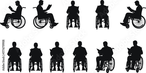 Silhouette of men in wheelchairs reading books, education and disability inclusion concept, accessible learning vector illustration for awareness design