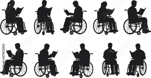 Silhouette of people in wheelchairs reading books, inclusive education concept, disability awareness and learning vector illustration design for accessibility