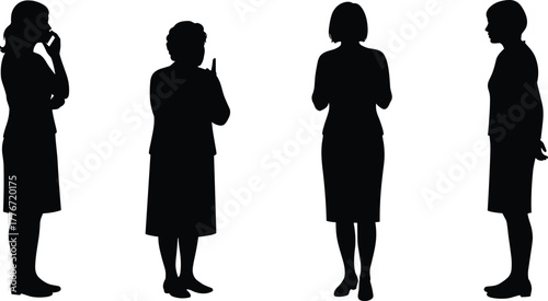 Silhouette of women standing and talking in different poses, communication concept, female discussion vector illustration for business and lifestyle design
