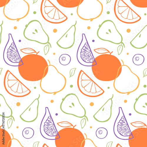 Seamless pattern with stylized hand-drawn fruits and berries. Summer design for wallpaper, fabric, print, or packaging. Vector line illustrations isolated on a white background.