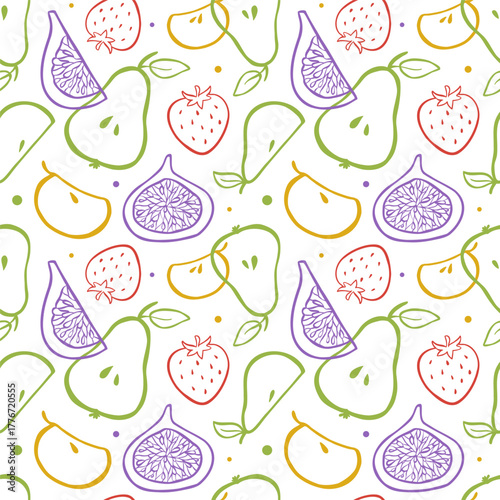 Vector seamless pattern with line drawing of fruits and berries isolated on a white background. Summer design for wallpaper, fabric, textile, or wrapping paper.
