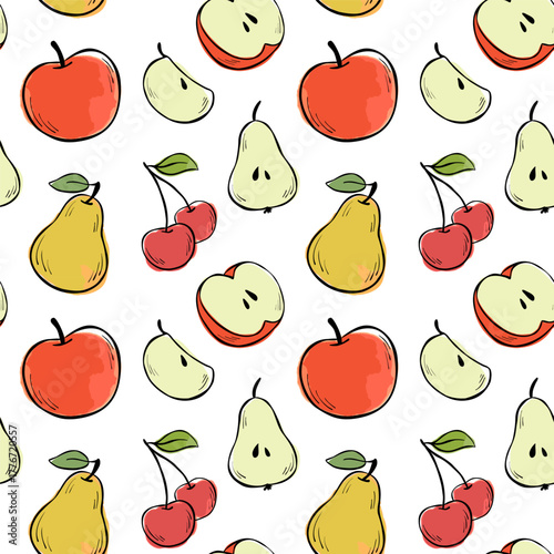 Seamless pattern with vector pears, apples, and cherries. Summer design for wallpaper, fabric, textile, or wrapping paper. Line and watercolor fruits illustration isolated on white background.