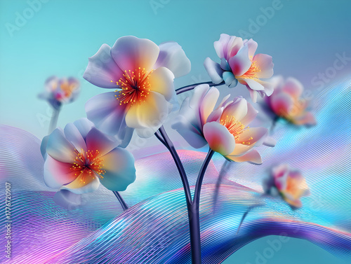 Mixed colorful field meadow and garden flowers backdrop, with glitter and sparkle, creating a dreamy and surreal atmosphere and visual fluorescent effect, background for postcard, wallpaper, textile