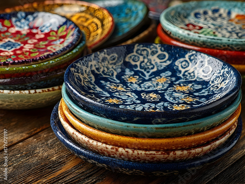 Collection of colorful ceramic dinnerware, plates and bowls featuring intricate ethnic patterns displayed boho style, highlighting artisan craftsmanship and display of handcrafted tableware