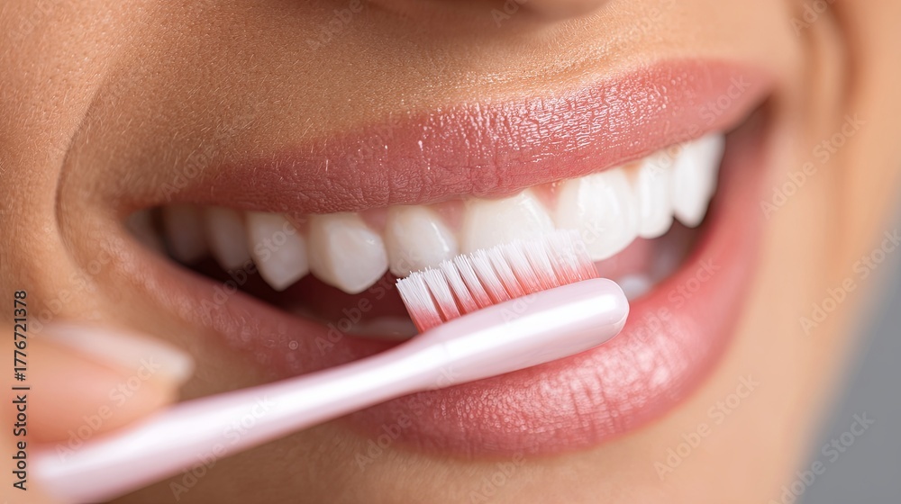 Naklejka premium Close-Up View of Woman Brushing Teeth to Maintain Oral Hygiene and Prevent Gum Disease with Toothbrush and Focus on Brushing Technique for Healthy Smiles