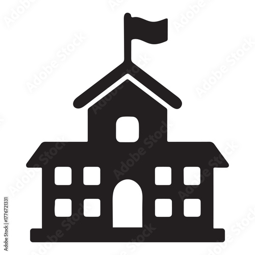 School Building Silhouette Education Icon | Traditional school building silhouette for education institutions, learning centers, and student programs