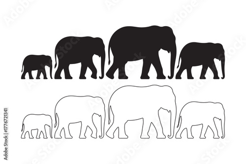Family of elephants silhouette and outline art