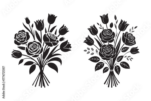 Two black silhouette bouquets of roses and tulips