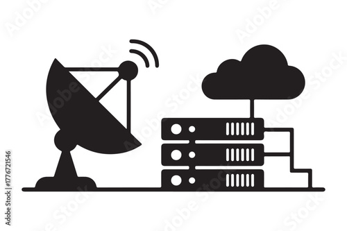 Satellite dish connecting to cloud servers and data network