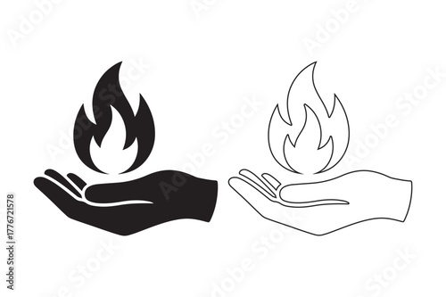Hand holding a flame in black and white outline styles