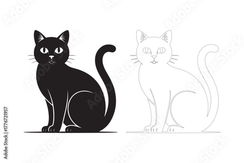 Black cat silhouette and outline drawing