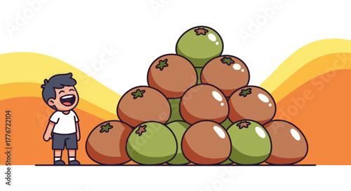 A Cheerful Child and Deliciously Crafted Fruit Pyramid with a Vibrant Background