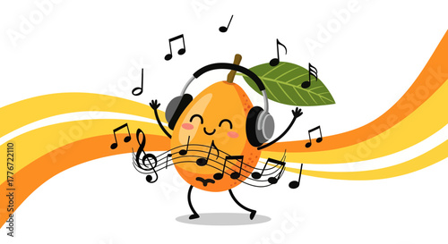 A Cheerful Fruit Character Enjoys Music and Dances Joyfully Amongst Musical Notes