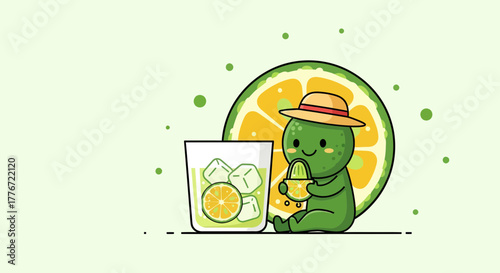 A Cheerful Lime Character Enjoys Freshly Squeezed Juice Beside Refreshing Beverages
