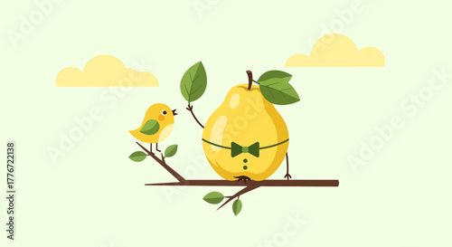 A Cheerful Pear Character with a Bowtie and a Bird on a Branch