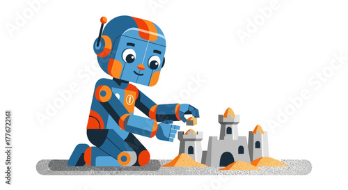 A Cheerful Robot Constructs a Sandcastle, Demonstrating Creativity and Engaging Play