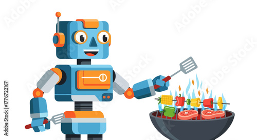 A Cheerful Robot Is Delighting In Preparing A Barbecue Feast Outdoors