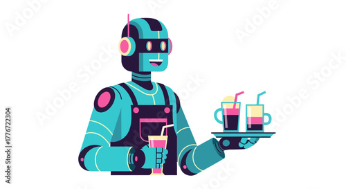 Automated Server Robot Delivering Refreshing Drinks in a Futuristic Cafe Scene
