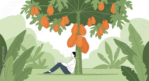 A Person Meditates Under a Mature Papaya Tree Surrounded Natural Tropical Scenery