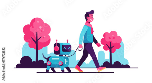A Person Walks His Robotic Companion Through A Delightful Park Setting