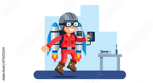 A Person With a Jetpack Flying While Controlling Devices in a Futuristic Environment