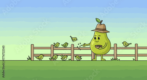 A Personified Pear Character Feeds Birds Beside a Wooden Fence on a Green Field