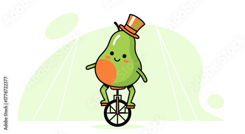 Avocado Performer Riding Unicycle with a Striped Hat and Cheerful Smiling Face