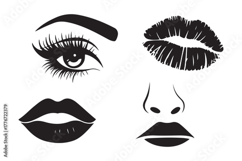 Black and white sketch of makeup elements eye lips nose and kiss mark