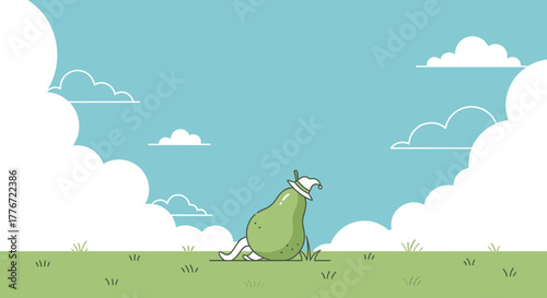 A Playful Pear Enjoys A Relaxing Day Amidst Fluffy Clouds And Lush Greenery