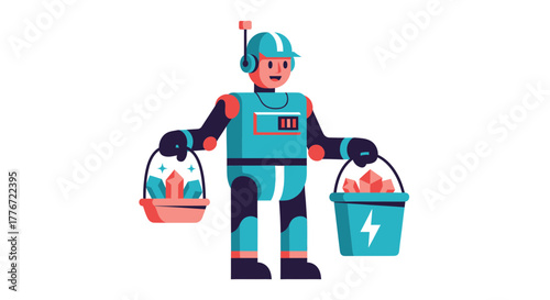 A Robotic Figure Carrying Baskets Filled With Shining Gems For Technological Innovation