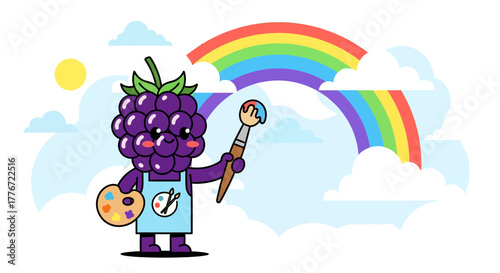 Berry's Artistic Endeavor: Painting a Vibrant Rainbow Amidst Dreamy Clouds