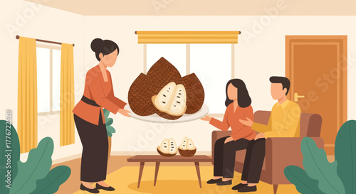 A Woman Serves Salak Fruit to a Couple Enjoying Time Together Indoors