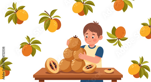 A Young Boy Joyfully Stacking Fresh Sapodilla Fruits, Preparing a Healthy Snack
