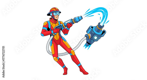 Brave Firefighter in Futuristic Gear Extinguishing Water Spray on White Background