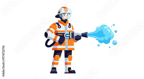 Brave Firefighter in Action, Extinguishing Flames with Water, Ready For Emergencies