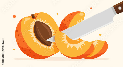 Cartoon Apricot Cut In Half With Slices And A Knife Showing Freshness And Delicious Flavor