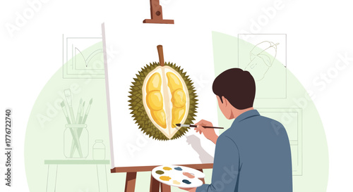 Cartoon Artist Painting A Durian, Realistic Art Style, Creative Artwork Illustration