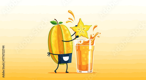 Animated Starfruit Character Presenting A Refreshing, Delicious Juice Creation