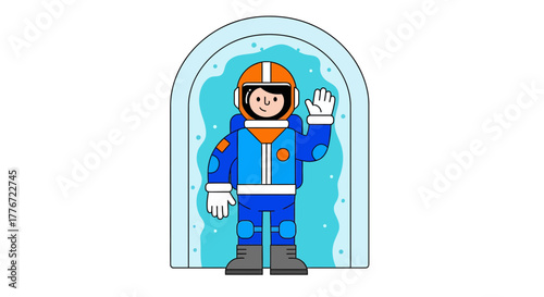 Cartoon Astronaut Smiling and Waving in Front of Portal Illustrating Space Exploration