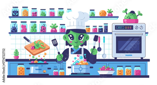 Alien Chef Enjoying The Process Of Cooking In The Kitchen With Food And Ingredients.