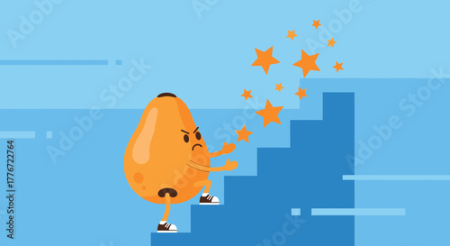 Animated Fruit Character Climbing Steps Towards Achieving Ambitious Goals and Collecting Stars
