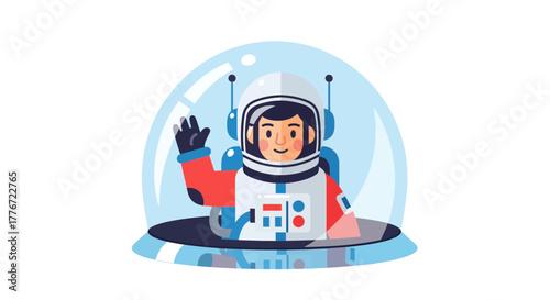 Cartoon Astronaut Smiling and Waving in Space Exploration-Themed Illustration