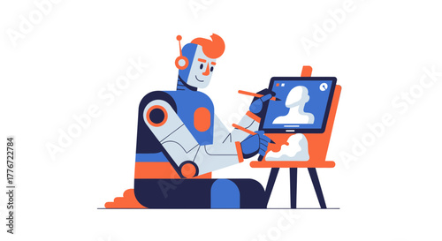 Artistic Android Crafting Digital Portraits On A Modern Digital Canvas For Design.