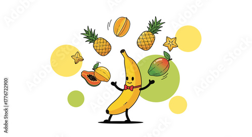 Cartoon Banana Juggling Tropical Fruits in a Playful and Attractive Illustration