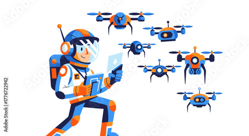 Astronaut Piloting Drones in Modern Tech, Futuristic Illustration for Stock Images