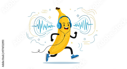 Cartoon Banana Running with Headphones Listening To Music and Energy Waves Illustration