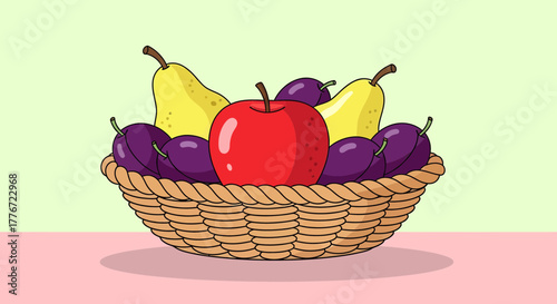 Cartoon Basket: A Vibrant Display Featuring Apple, Pears, and Plums, Perfect Illustration