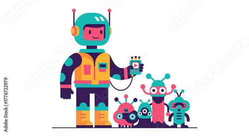 Astronaut Welcomes Alien Squad With Multimedia Device and Modern Digital Design