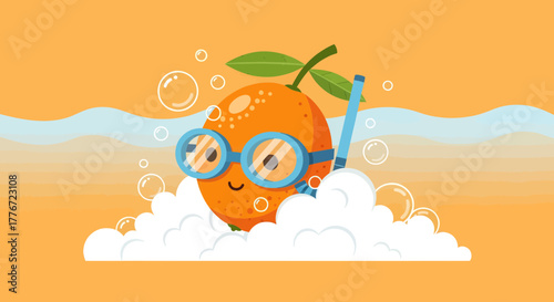 Cartoon Citrus Enjoying Summer Vacation with a Snorkel in the Bubbles