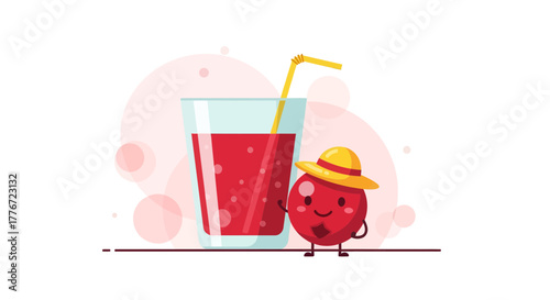 Cartoon Crimson Beverage with Whimsical Companion Ready For Summer Fun And Refreshment